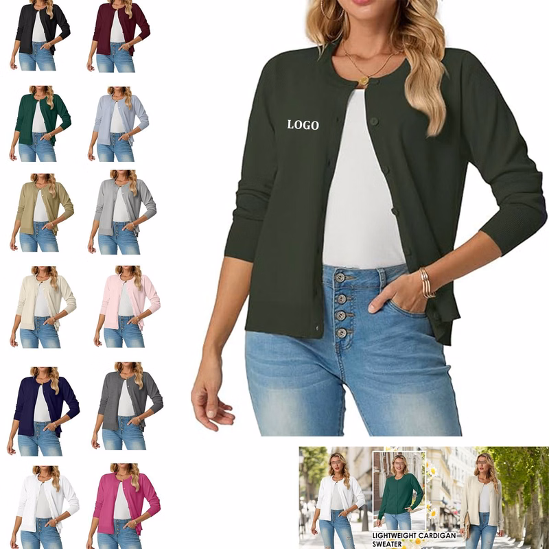 Women's Long Sleeved Lightweight Round Neck Casual Cardigan