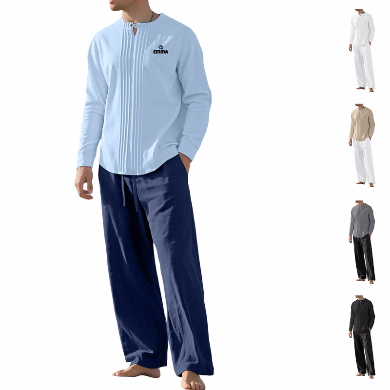 Men's Linen Long Sleeve Stand Collar Shirt and Paints Set