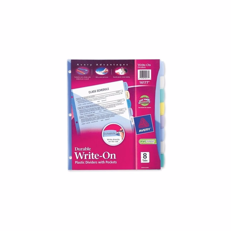 Plastic Index Dividers - 8 Tabs Write-On Pocket on Each