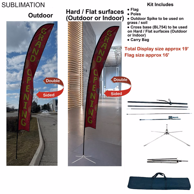 19' X-Large Feather Flag Kit, Full Color Graphics Double Sided, Outdoor Spike base, Indoor use