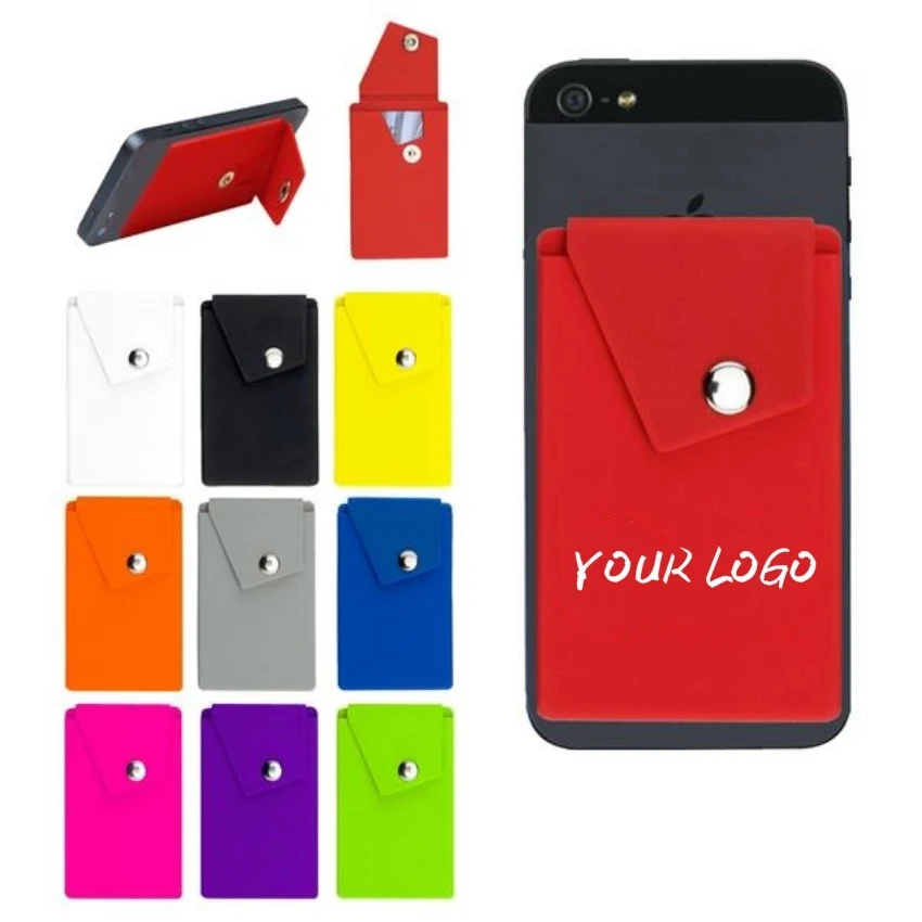 Silicone Stick on Cell Phone Wallet with Pocket w/Button 1