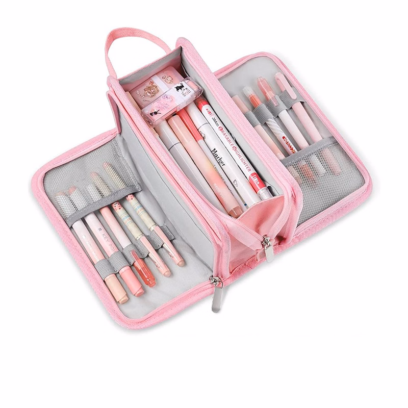 3 Compartment Portable Canvas Stationery Large Pencil Case