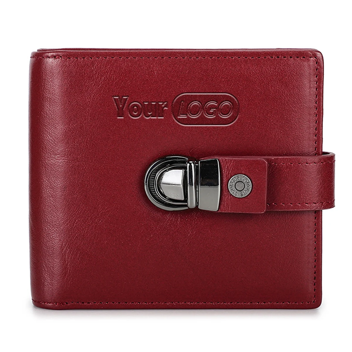 Leather RFID Small Square Buckle Wallet Women Red 1