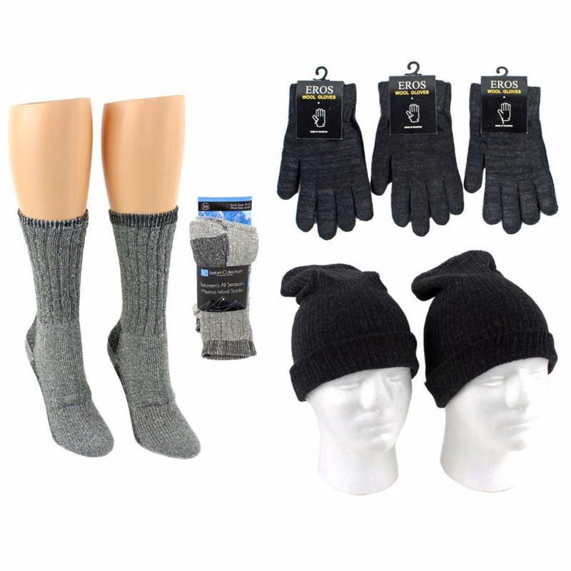 Adult Hats Gloves & Socks - Merino Wool Combo Black & Gray