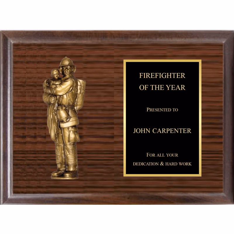 7" Fireman With Child On Plaque