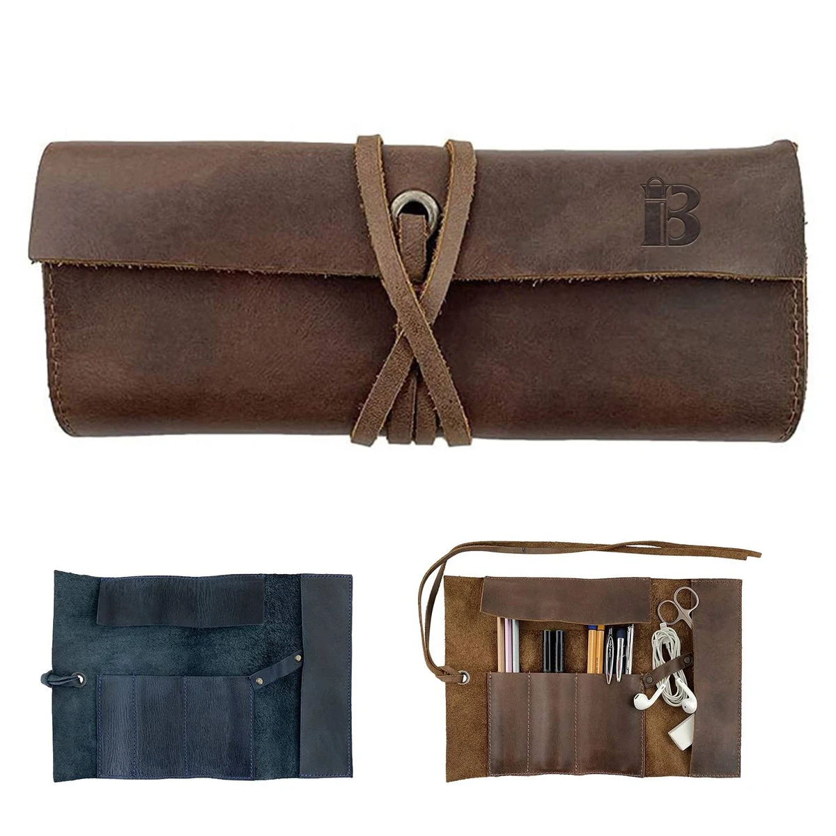 Cowhide Leather Roll Pencil Case Bag 1