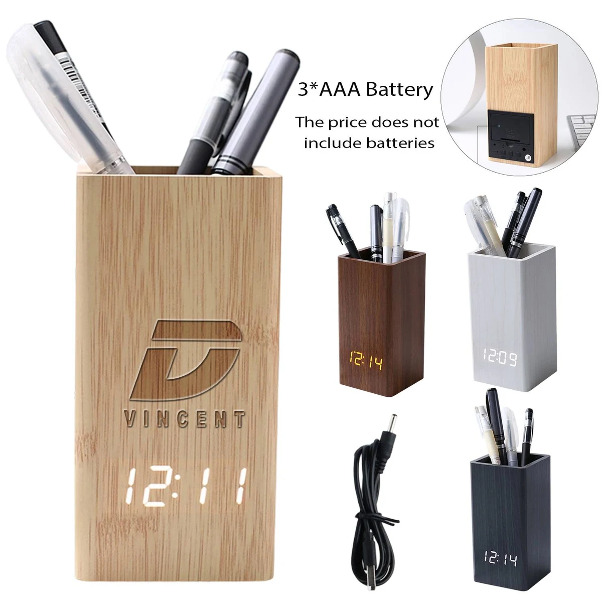 Wooden Desktop LED Clock Ornament Pen Holder 1