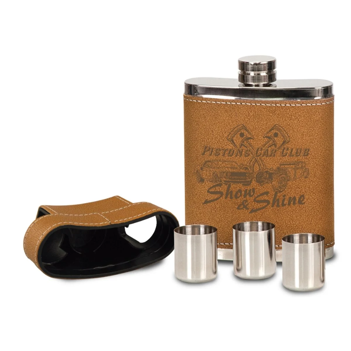 7 Oz. Leather Flask w/Lid & 3 Shot Glasses 1