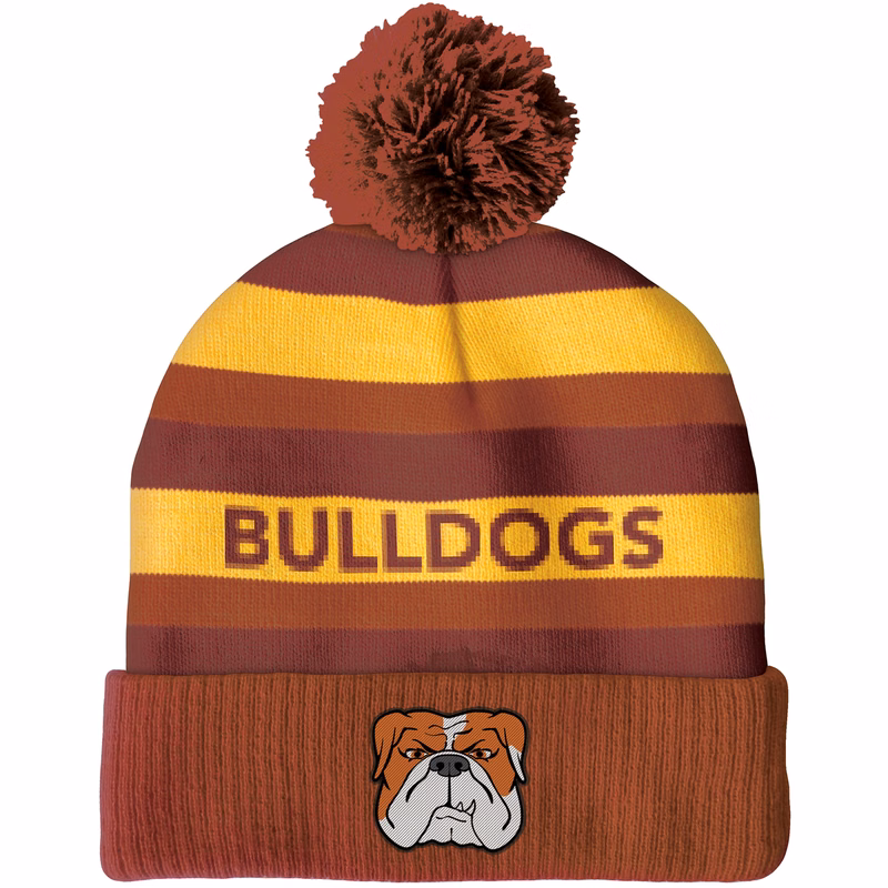 Knit Beanie with Pom and Ribbed Cuff (Woven Logo)