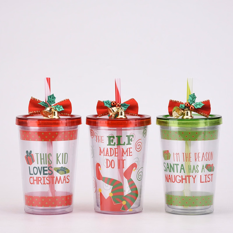 Christmas Double Layer Plastic Straw Water Cup