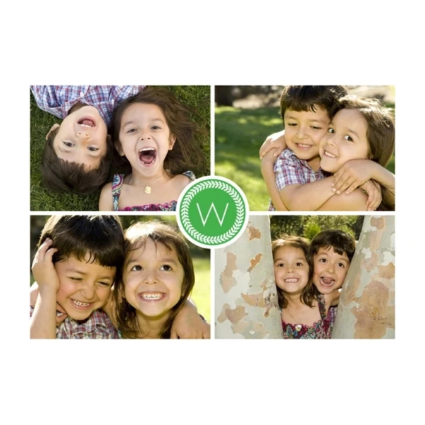 Four Photos & Initial in Green Holiday Card 1