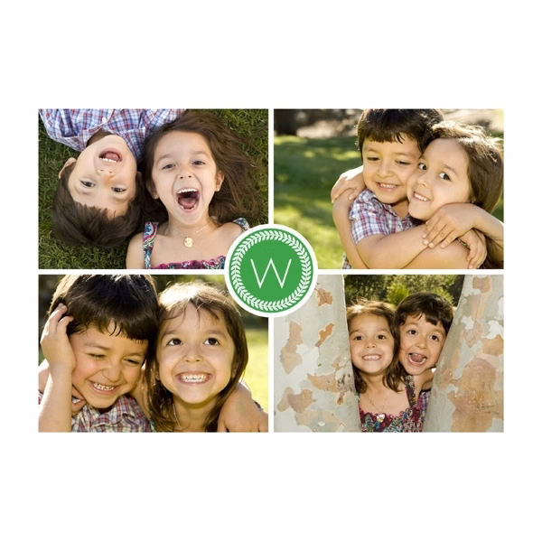 Four Photos & Initial in Green Holiday Card