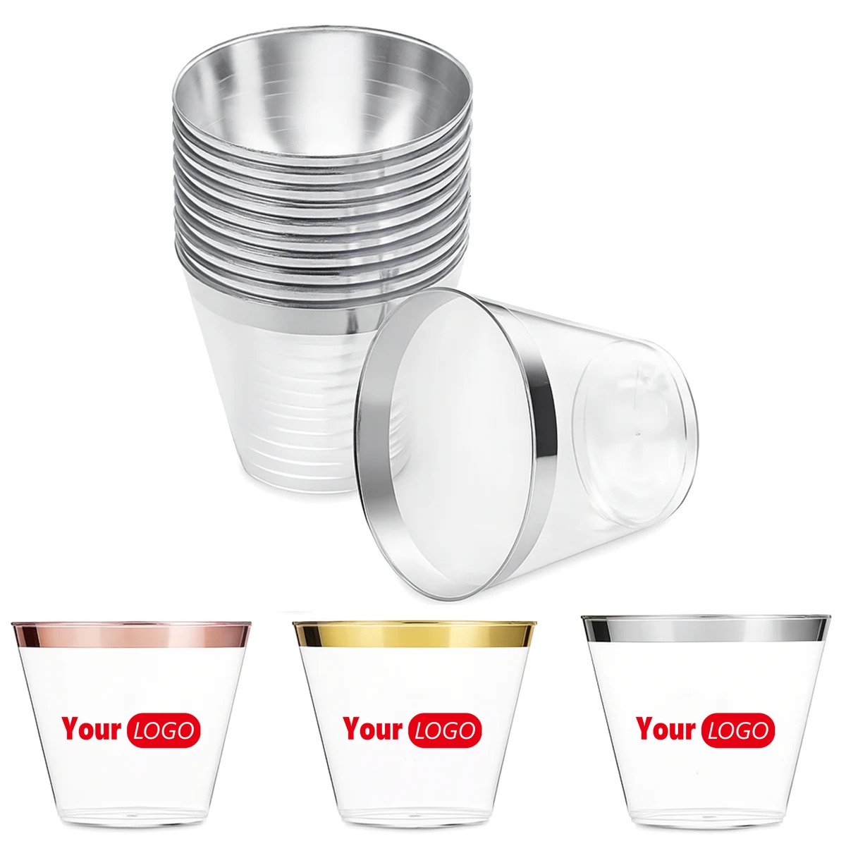 9 Oz Customizable Clear Plastic Cups with Metallic Rim 1