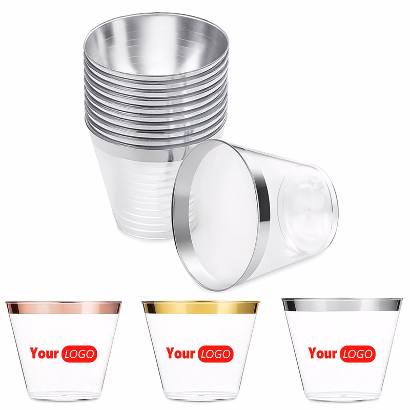 9 Oz Customizable Clear Plastic Cups with Metallic Rim