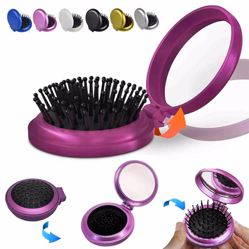 Folding Compact Travel Hair Brush with Mirror