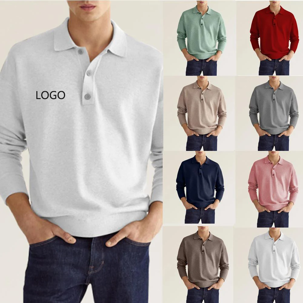 Long Sleeve V-neck Button Casual Men's Polo Shirt 1