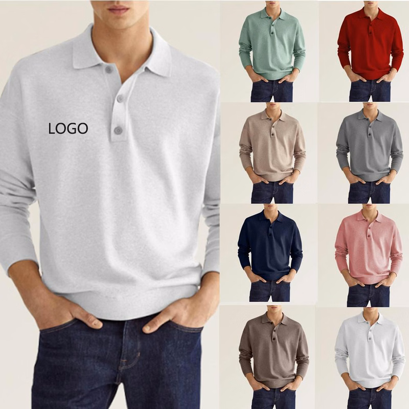 Long Sleeve V-neck Button Casual Men's Polo Shirt