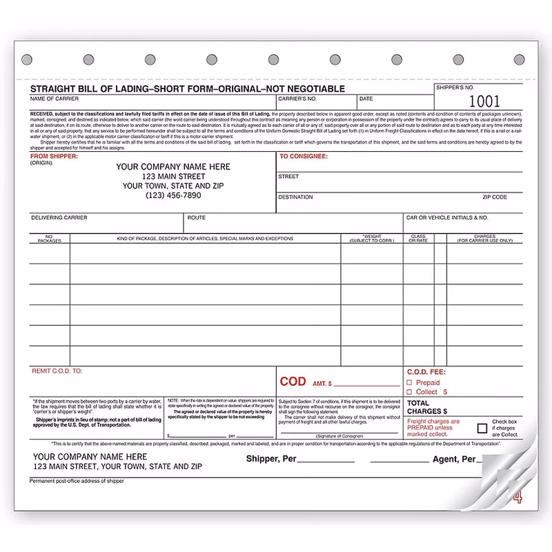 Bills Of Lading - Small, Non-Hazmat Only