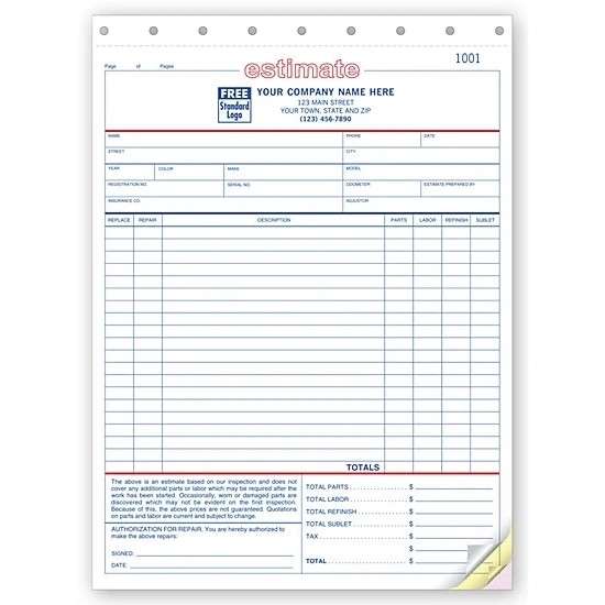 Auto Repair Estimates, Large Carbonless 1