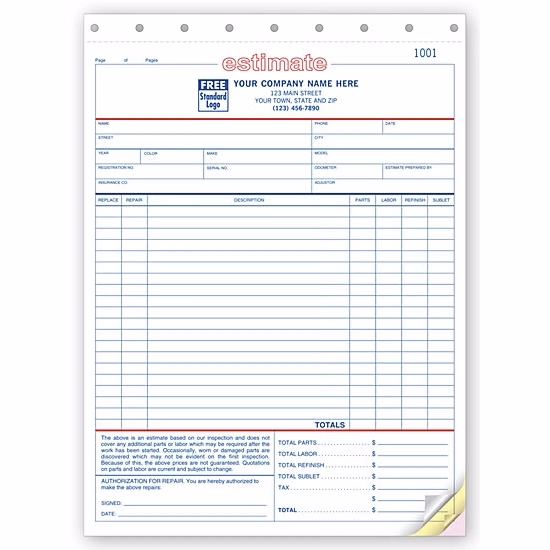 Auto Repair Estimates, Large Carbonless
