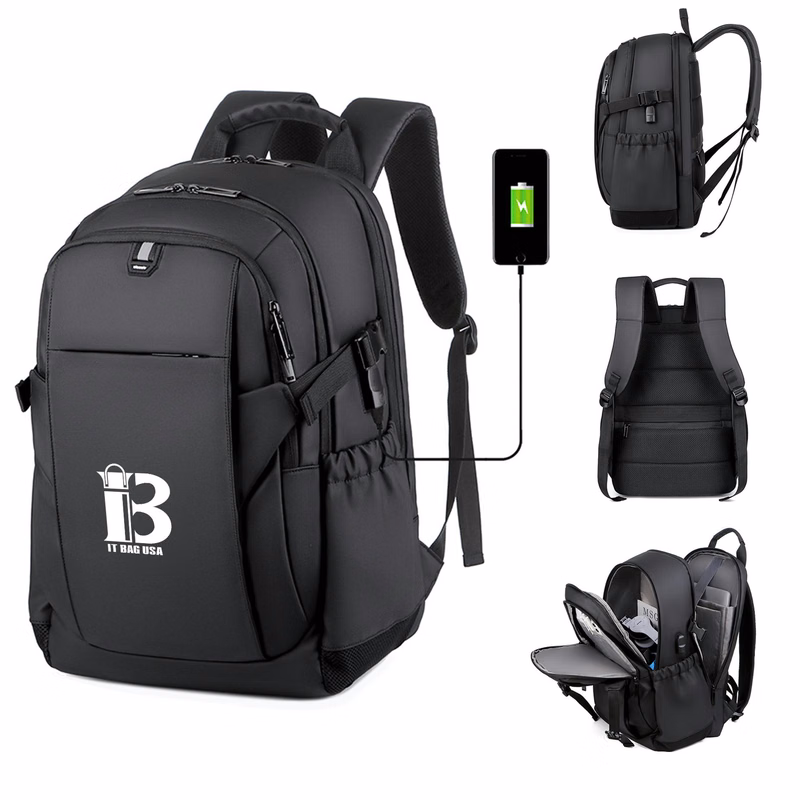 USB Nylon Waterproof Black Backpack for Men and Women