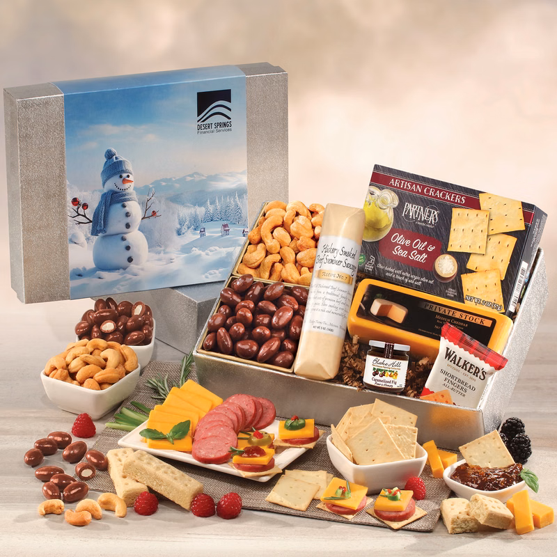 Snacking Smorgasbord with Blue Snowman Sleeve