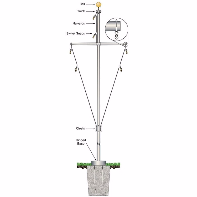 35' Nautical Flagpole w/Yardarm Hinged Base White Fiberglass