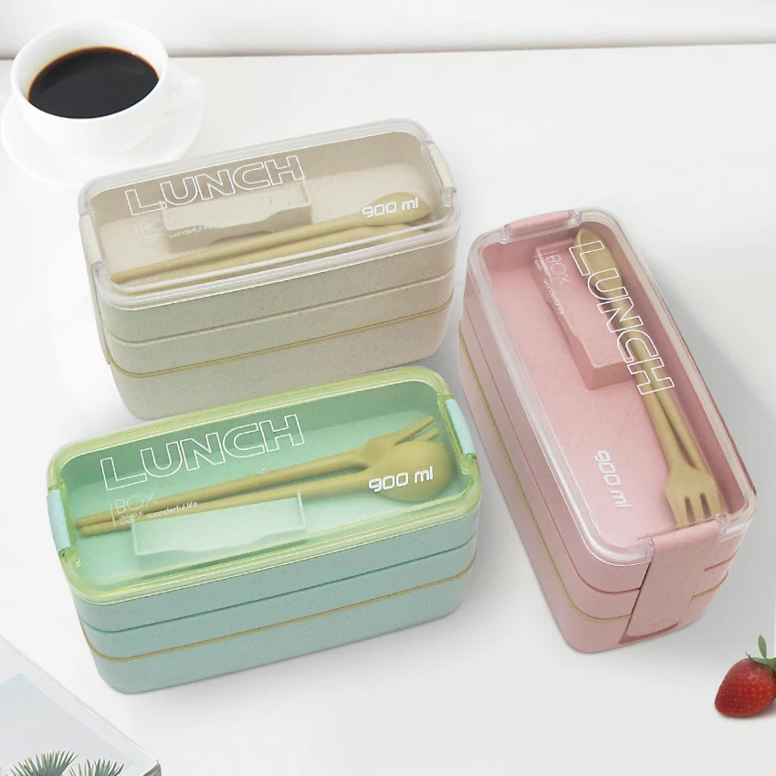 Three Layers Outdoor Picnic Wheat Plastic Bento Box 1