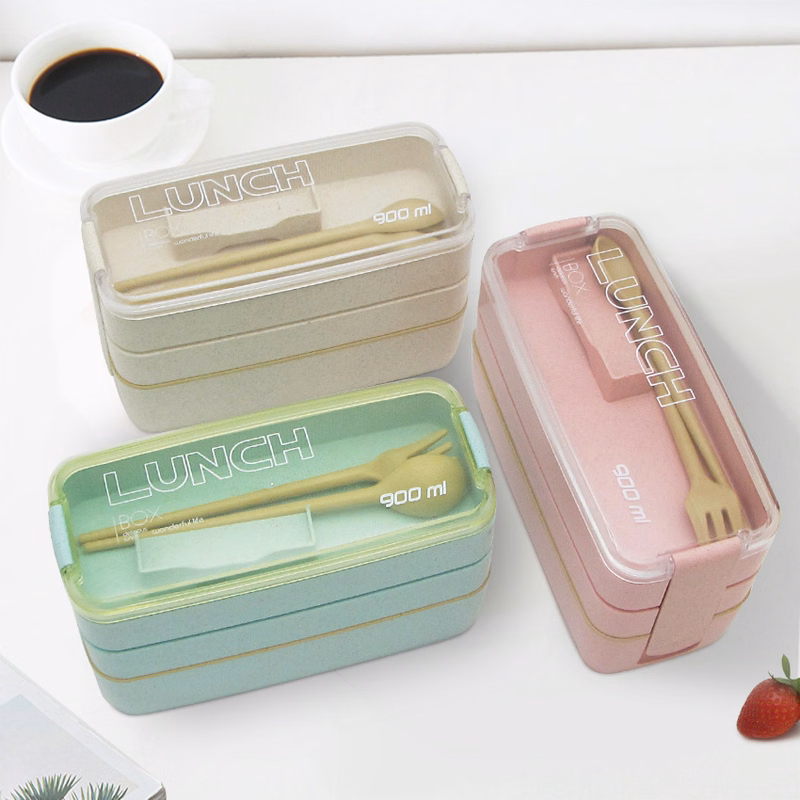 Three Layers Outdoor Picnic Wheat Plastic Bento Box