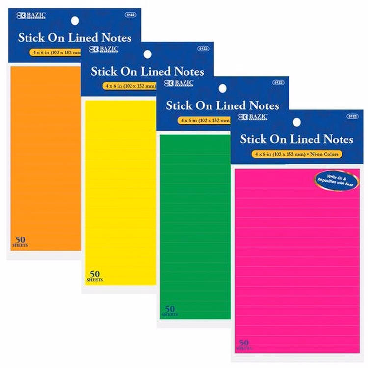 Stick On Notes - 50 Count Lined Neon Colors
