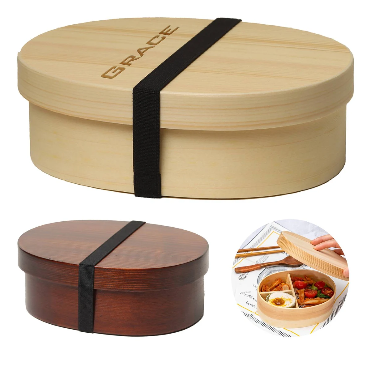 27oz Japanese Oval Wooden Bento Box 1