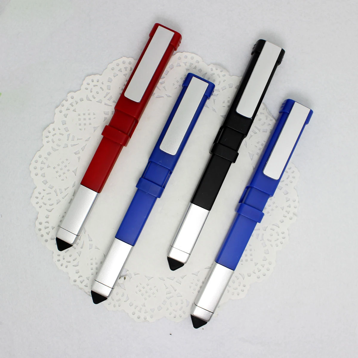 Multi Functional Tools Plastic Ballpoint Pen W/ Stylus End & Phone Stand Cap 1