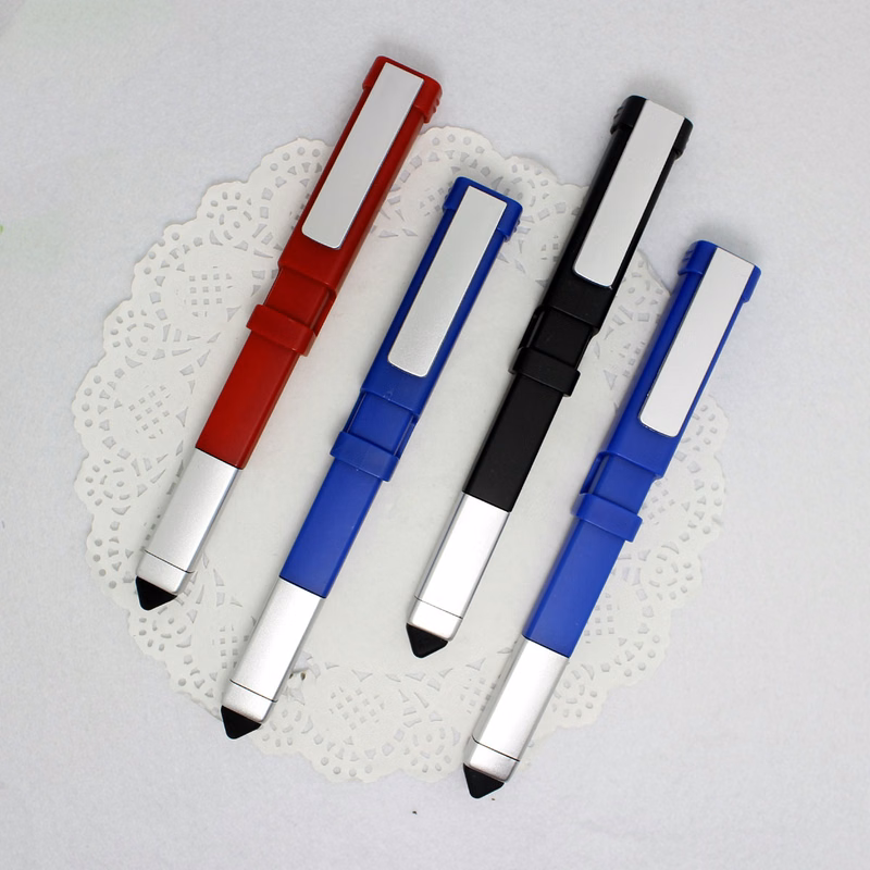 Multi Functional Tools Plastic Ballpoint Pen W/ Stylus End & Phone Stand Cap