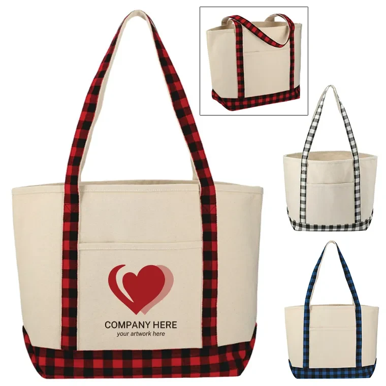 Plaid Cotton Boat Tote, custom tote bag with logo imprint 1