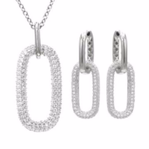 Antwerp Sterling Silver CZ Dangle Paperclip Earrings and Necklace Set