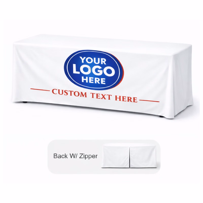 4 ft White Fitted Table Cover w/Back Zipper & Front Logo