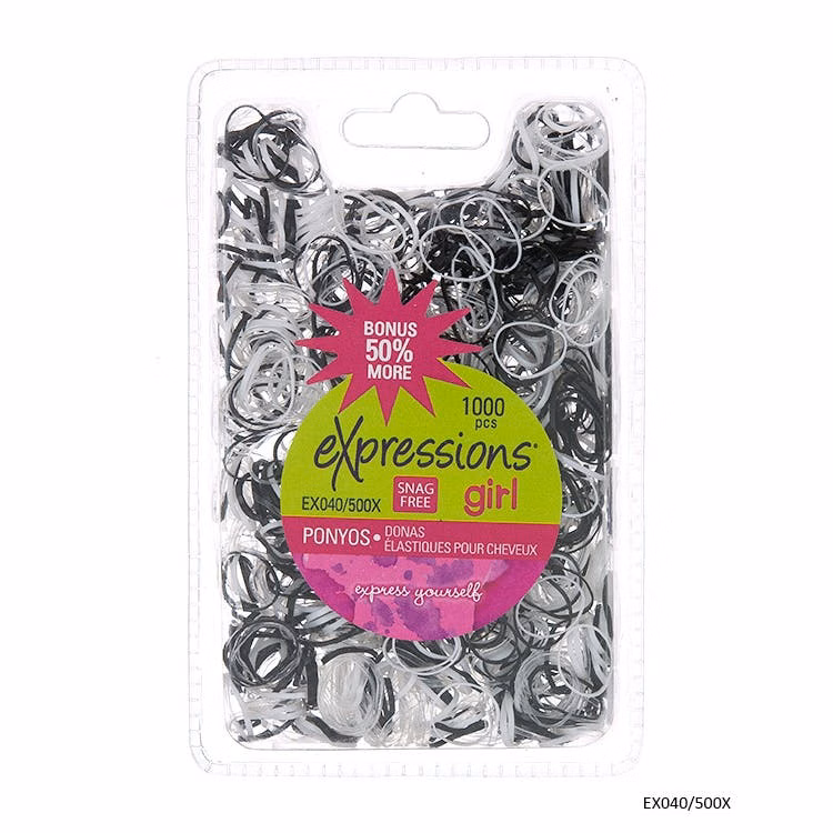 Snag-Free Hair Rubber Bands - 1000 Pack Black White