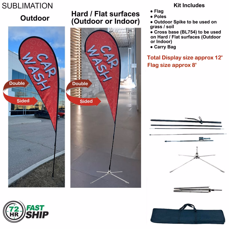 72Hr Fast Ship -12' Medium Tear Drop Flag Kit, Full Color Graphic Double Side, Outdoor & Indoor base