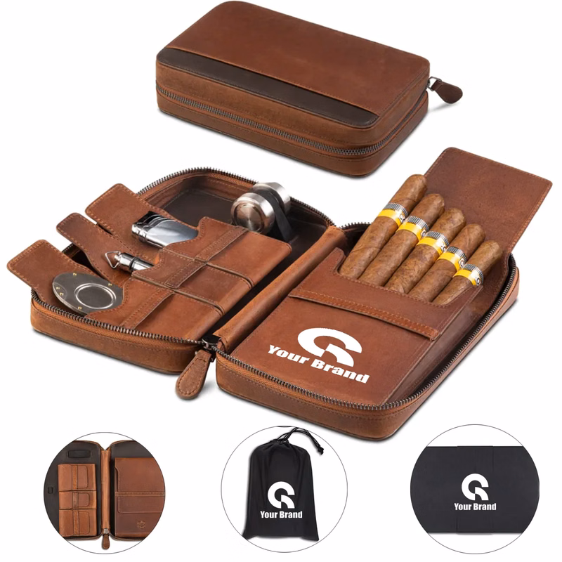 Leather Portable Zippered Cigar Case