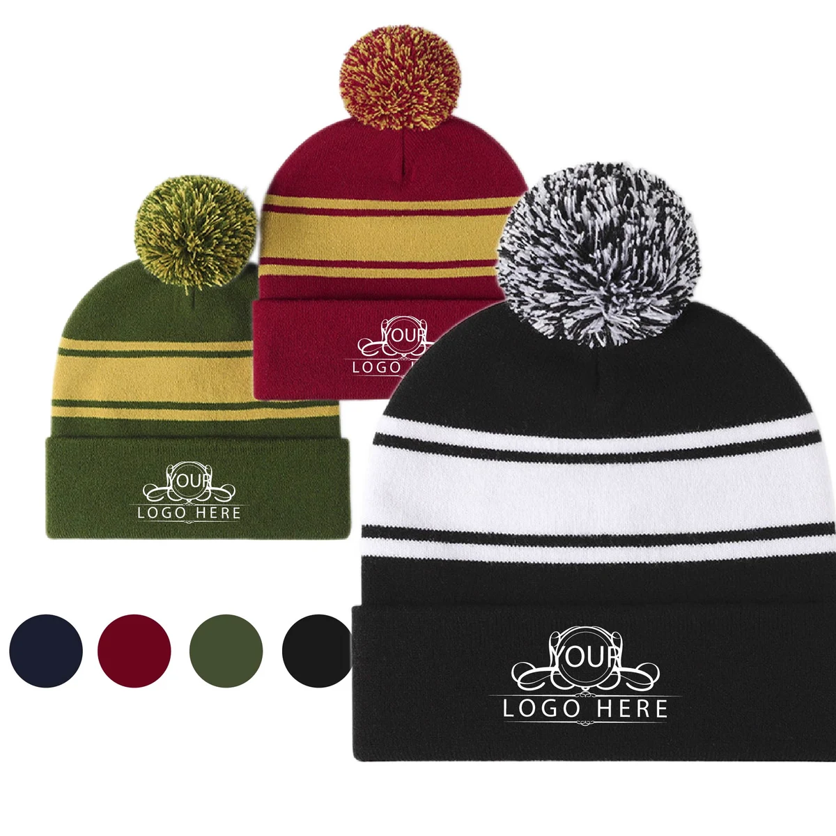 Knit Beanie Pom Pom Cap w/Stripe Design 1