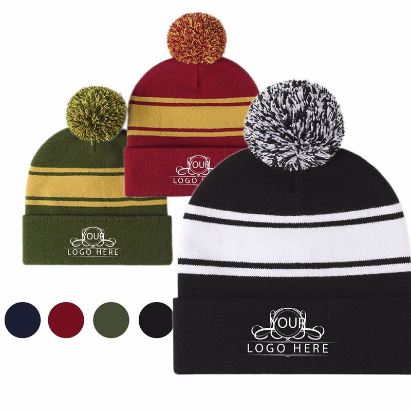 Knit Beanie Pom Pom Cap w/Stripe Design