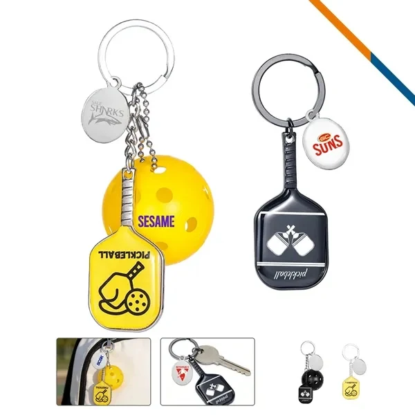 Custom Metal Pickleball Paddle Keychain with Oval Tag — Sports Promo Item 1