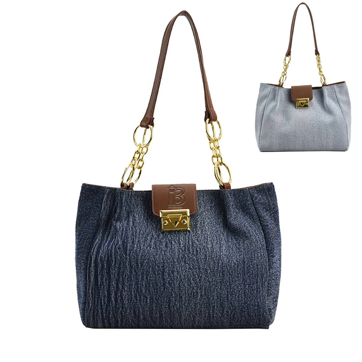 Large capacity denim fabric bag with metal chain 1