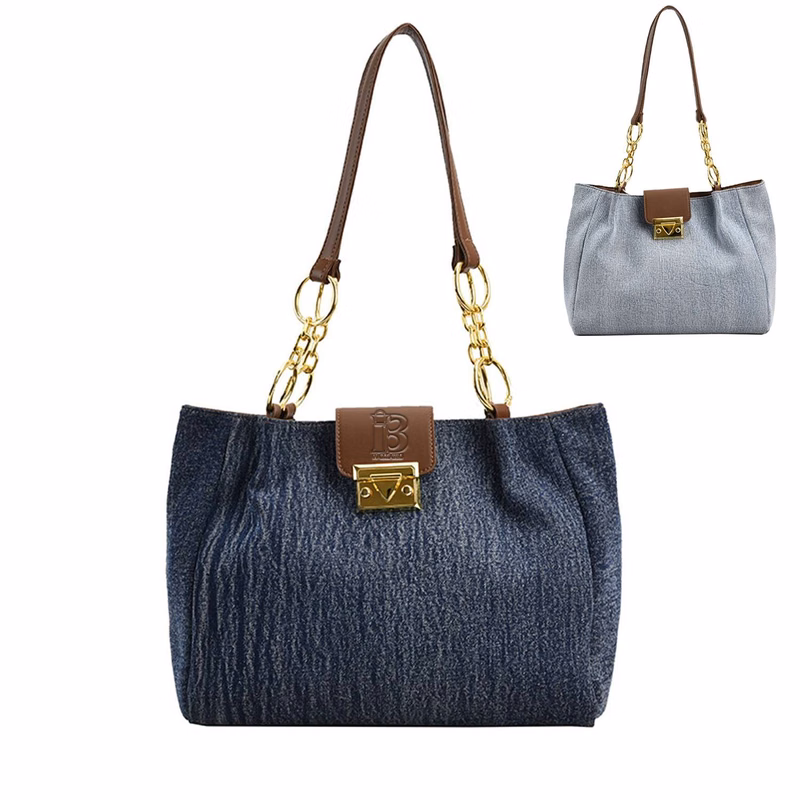 Large capacity denim fabric bag with metal chain