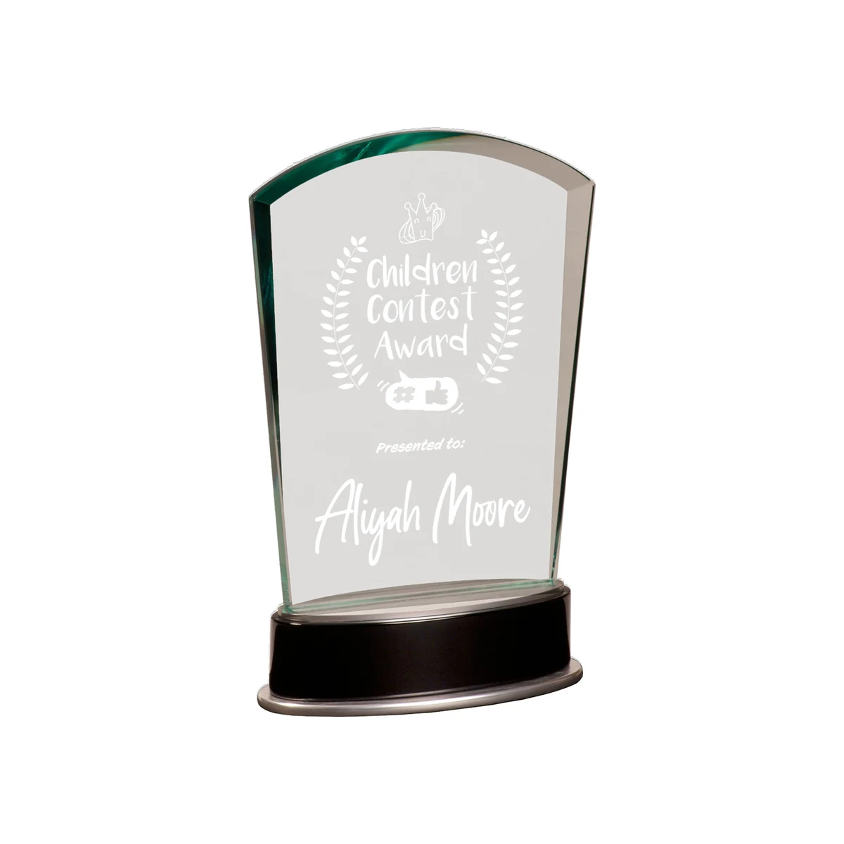 6 3/4" Jade Fan Metro Glass Award w/ Silver and Black Piano Finish Base 1