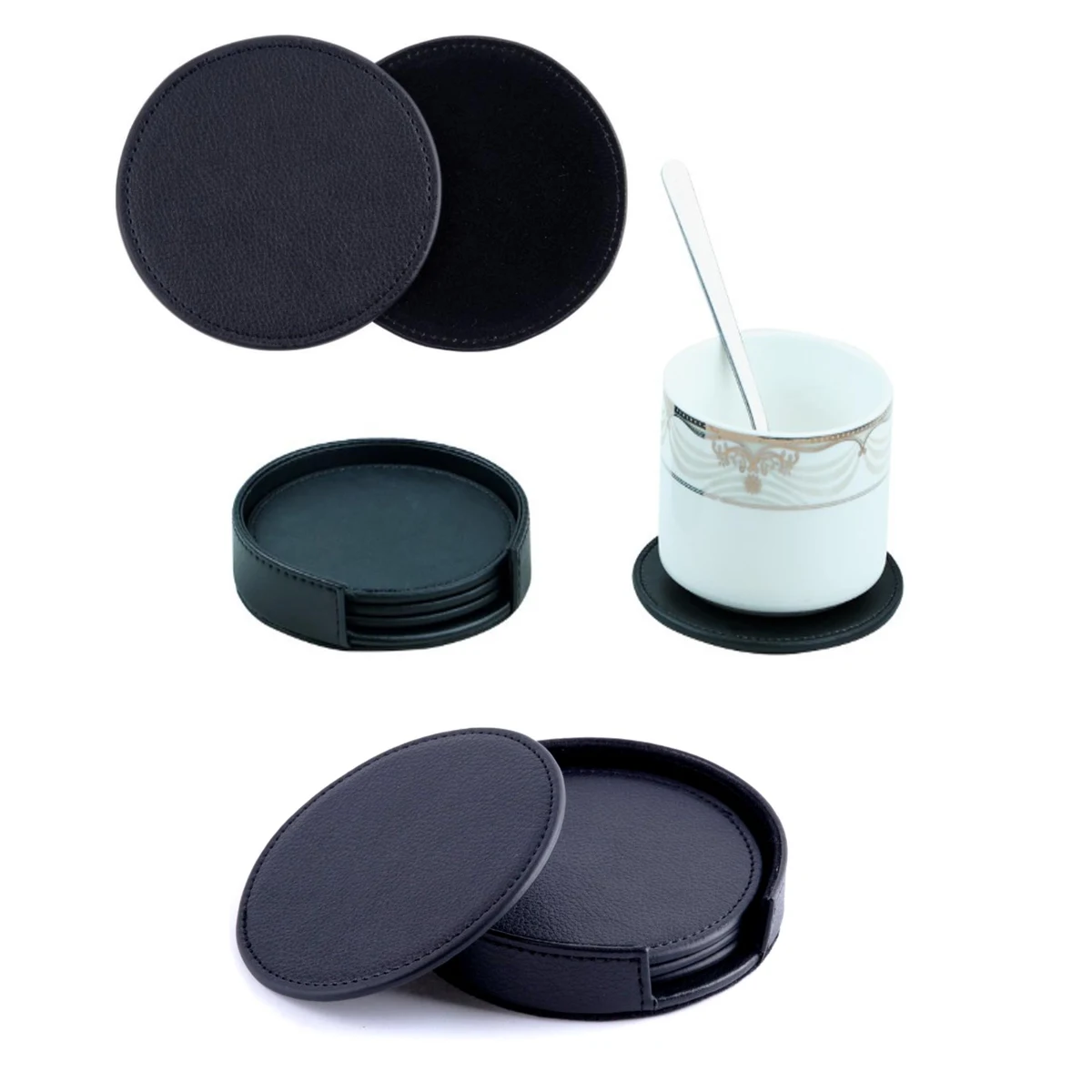 iBank ® Set of 4 Premium Leatherette Round Coasters for Beer, Wine and Coffee 1
