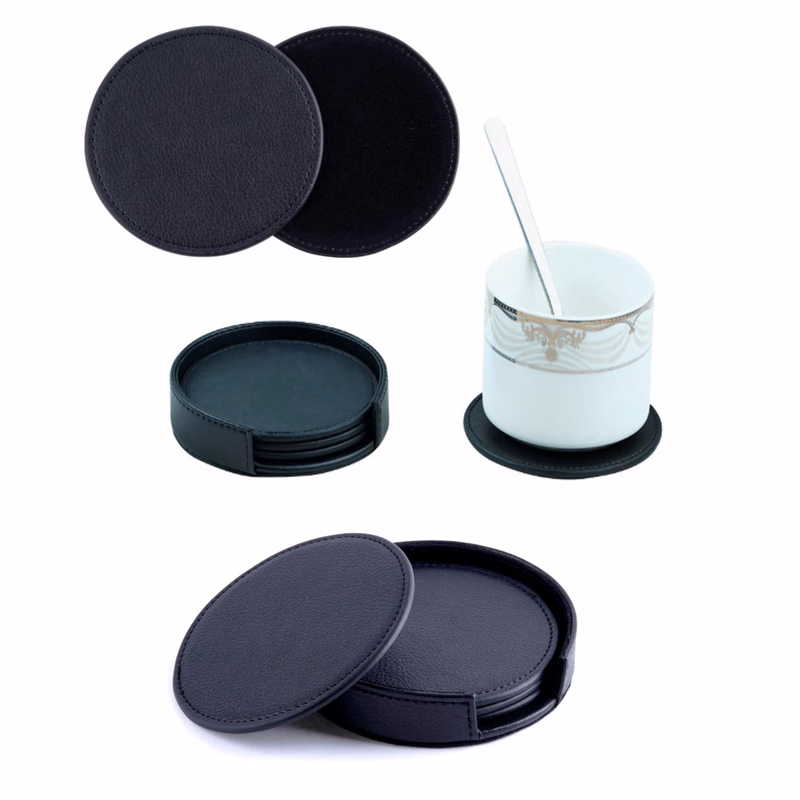 iBank ® Set of 4 Premium Leatherette Round Coasters for Beer, Wine and Coffee