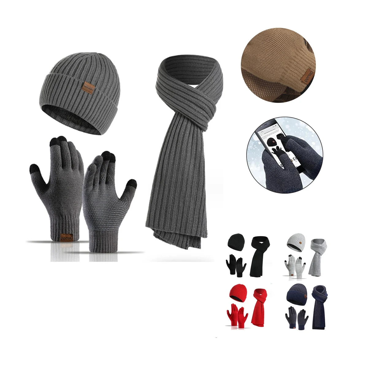 Beanie Hat Scarf Touch Screen Gloves Set 1