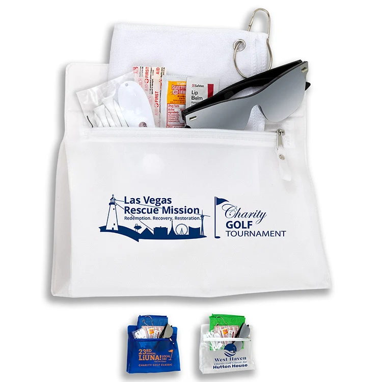 "LAYOVER" 16 Piece Golf Kit in Travel Pack with Components inserted into Zipper Kit 1