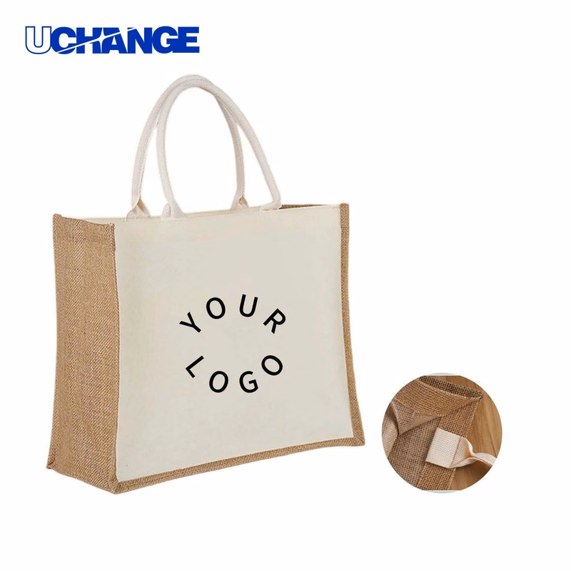 Reusable Jute Tote with Canvas Print Panel Carrier